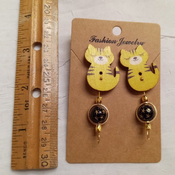 Home Made Handmade Wood & Metal Cat Yellow & Black Button Earrings #49 - Picture 9 of 11
